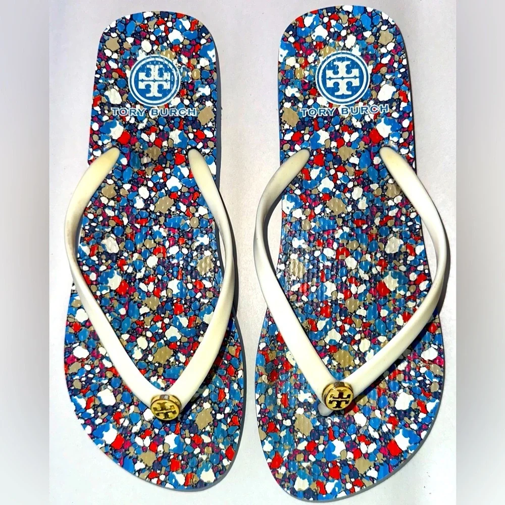 Tory Burch Festival Linosa Logo Thongs Sandals Leather Upper Blue Shoes 8